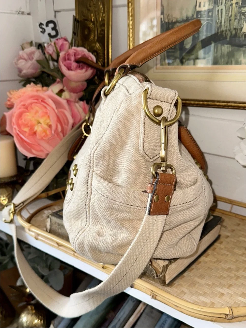Fossil Maddox satchel handbag in beige canvas with tan leather handles, Key Fob